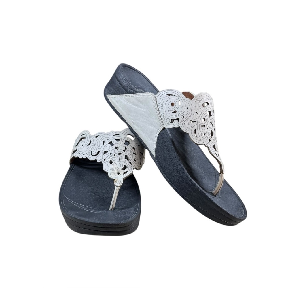 FitFlop Flora Leather Laser Cut Slide Flip Flop Sandal In White